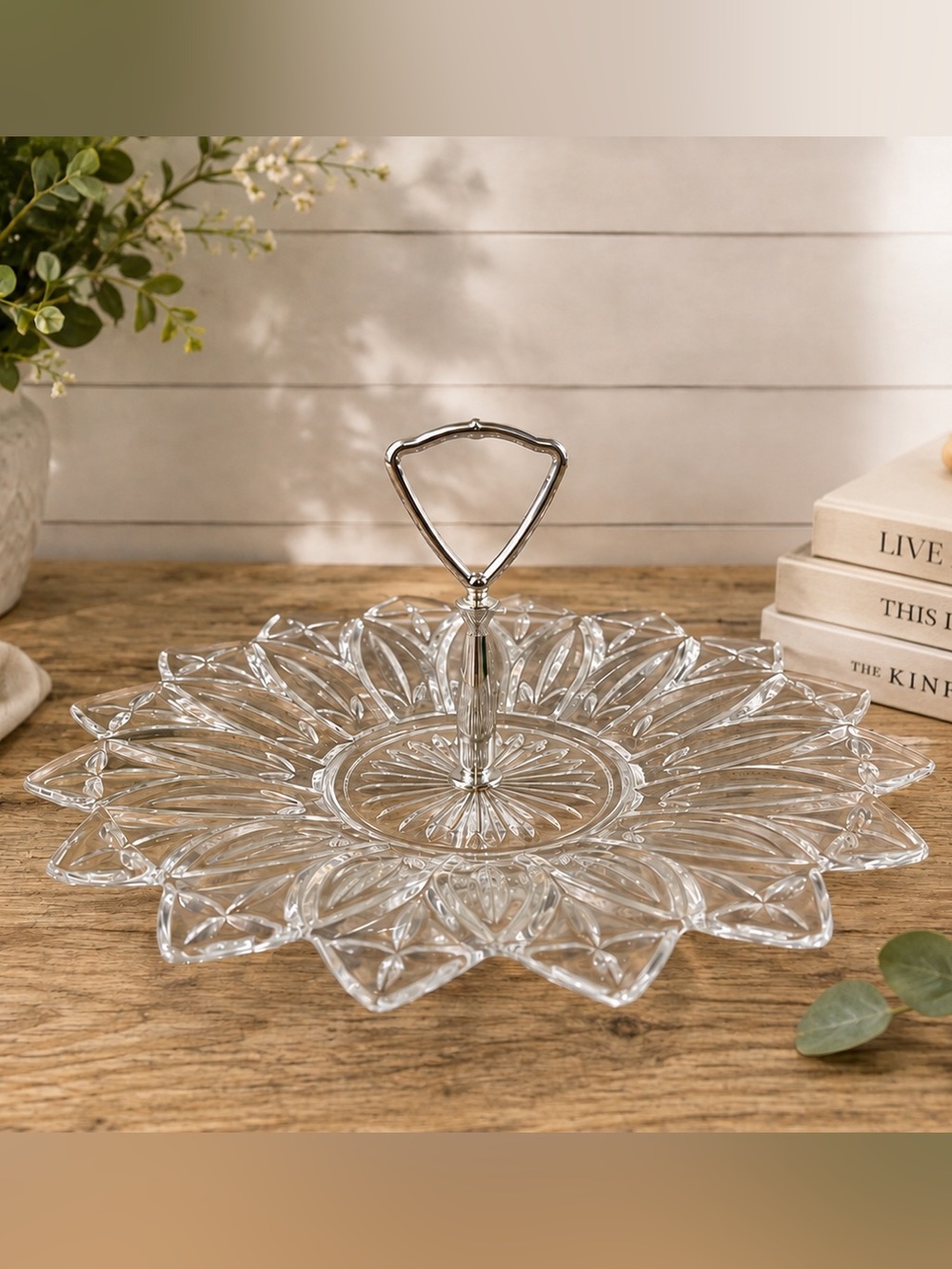 Vintage Pressed Glass Serving Tray Platter w/ Chrome Handle Floral Starburst